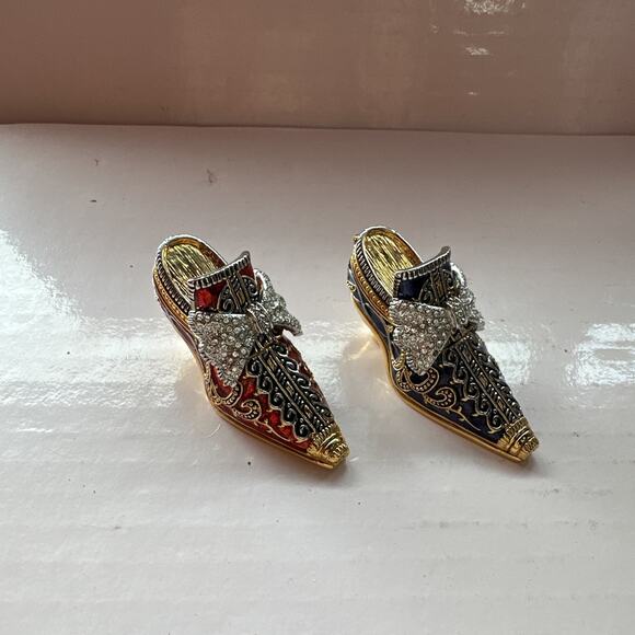 Enameled Set 2 Crystal Bejeweled Cloisonné High Heel Hinged Red Blue Trinket Box - Picture 14 of 14